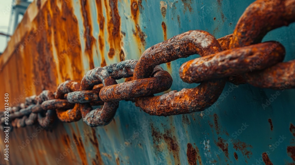 Fototapeta premium Close-up of a Rusty Chain on a Rusted Metal Surface