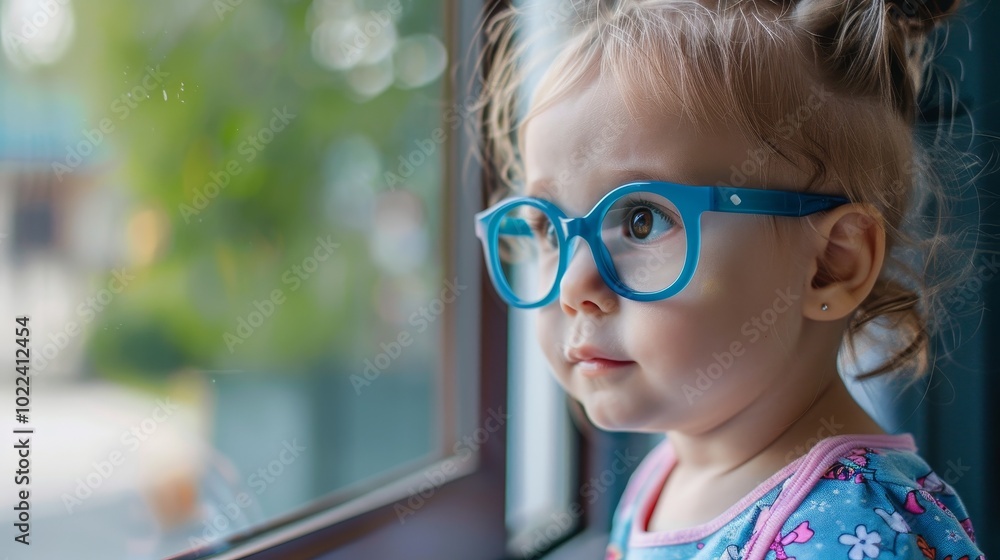Young child wearing blue glasses focusing on distant tree outside window, symbolizing myopia prevention and importance of outdoor activities. Young child wearing blue glasses focusing on distant tree outside window, symbolizing myopia prevention and importance of outdoor activities.