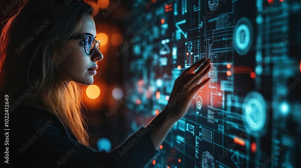 Woman Interacting with a Futuristic Interface Woman Interacting with a Futuristic Interface