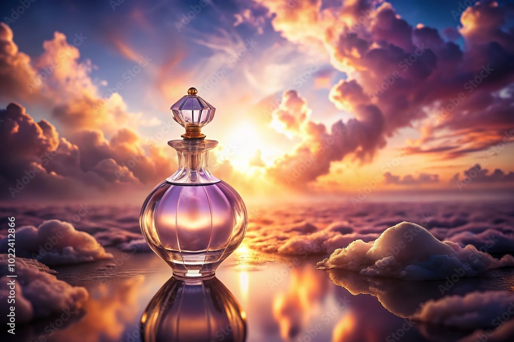 Obraz premium Ethereal Perfume Bottle in Dreamy Sunset Cloudscape - High Depth of Field Photography