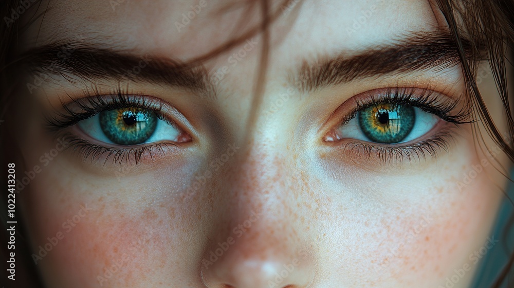Fototapeta premium Close-Up Portrait of a Woman's Eyes with Green Irises and Freckles