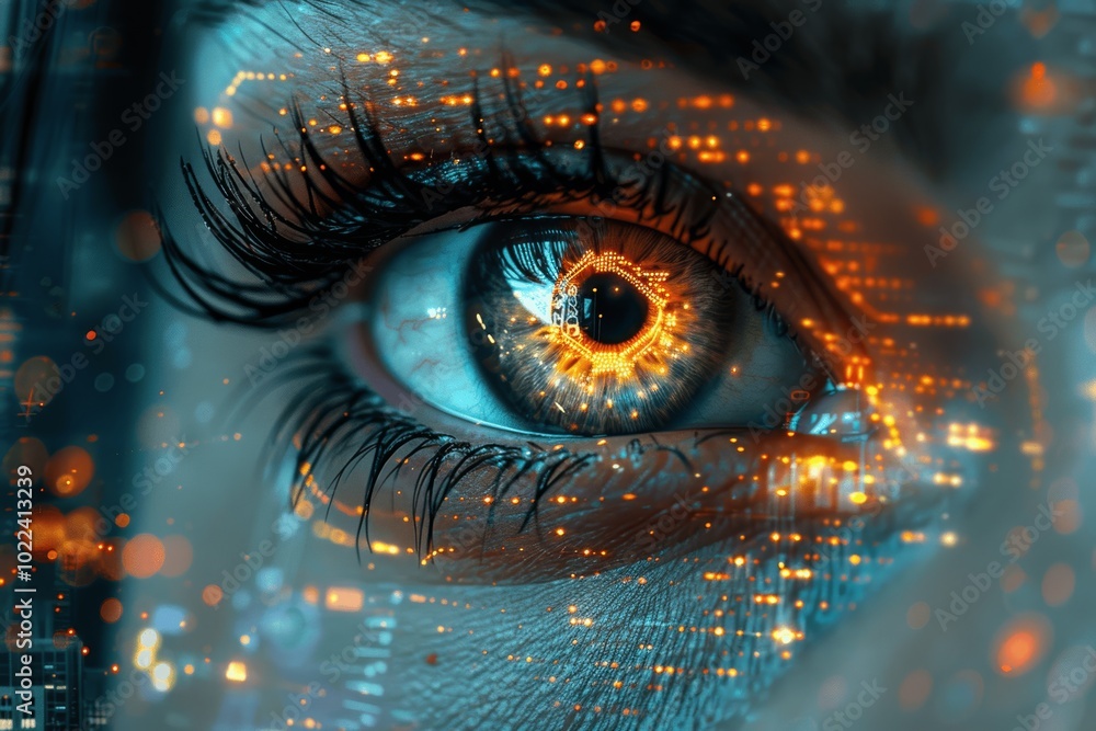 Advanced Digital Eye Technology with Holographic Data and Cityscape Background, High-Resolution Close-up Advanced Digital Eye Technology with Holographic Data and Cityscape Background, High-Resolution Close-up