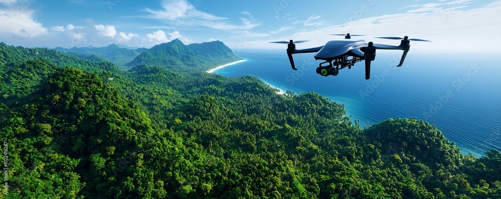 Fototapeta premium AI in Environmental Foresight: An expansive landscape where AI drones collect data from forests, oceans, and skies, offering insights and foresight to predict and prevent future environmental