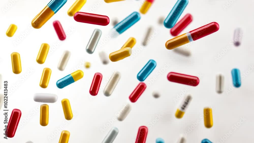 Multiple antibiotic pill capsules in various shades falling through the air, with a subtle reflection beneath them on a clean surface, Multiple antibiotic pill capsules in various shades falling through the air, with a subtle reflection beneath them on a clean surface,