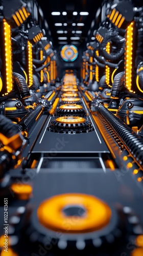 AI-Enhanced Factory: A high-tech factory floor where AI-driven machines continuously adjust production processes, boosting automation and capacity while maintaining peak effectiveness in output.