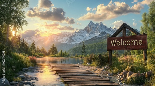 Welcome to a Tranquil Mountain Landscape with a Wooden Bridge and a Stream