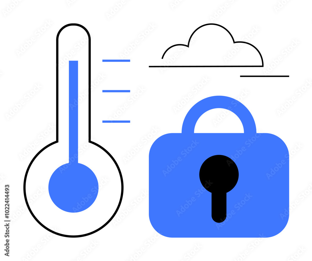 Thermometer with cloud and lock. Ideal for climate control, security systems, data protection, weather monitoring, and smart home technology. Simple vector style, blue and black colours Thermometer with cloud and lock. Ideal for climate control, security systems, data protection, weather monitoring, and smart home technology. Simple vector style, blue and black colours