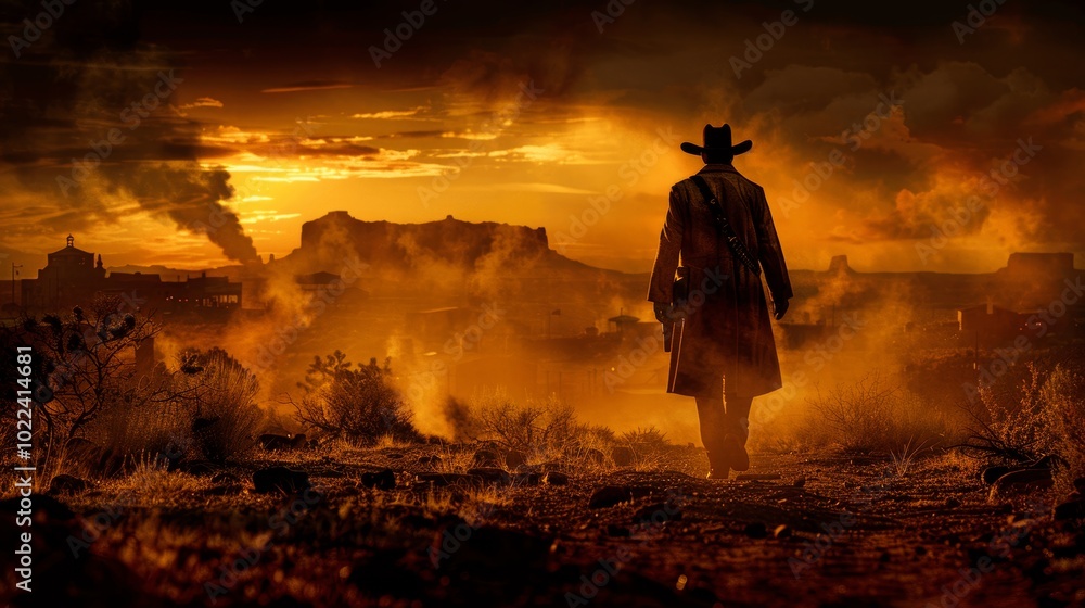 Back view of cowboy walking in wild west town at evening with dramatic ...