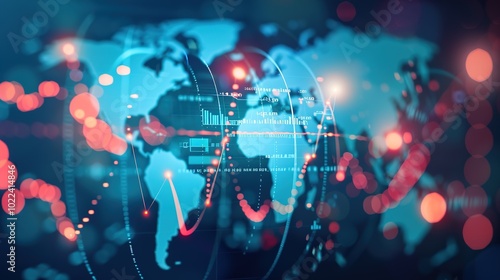 Close-up of a digital screen showcasing a world map with highlighted countries and trade routes, The display features a rising graph. tariff impact,trade barrier impact,protectionism impact