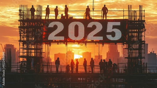 Construction Workers Silhouetted Against Sunset with 2025 Sign