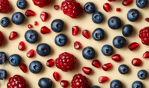 A vibrant arrangement of raspberries, blueberries, and pomegranate seeds on a light background, showcasing freshness and health.