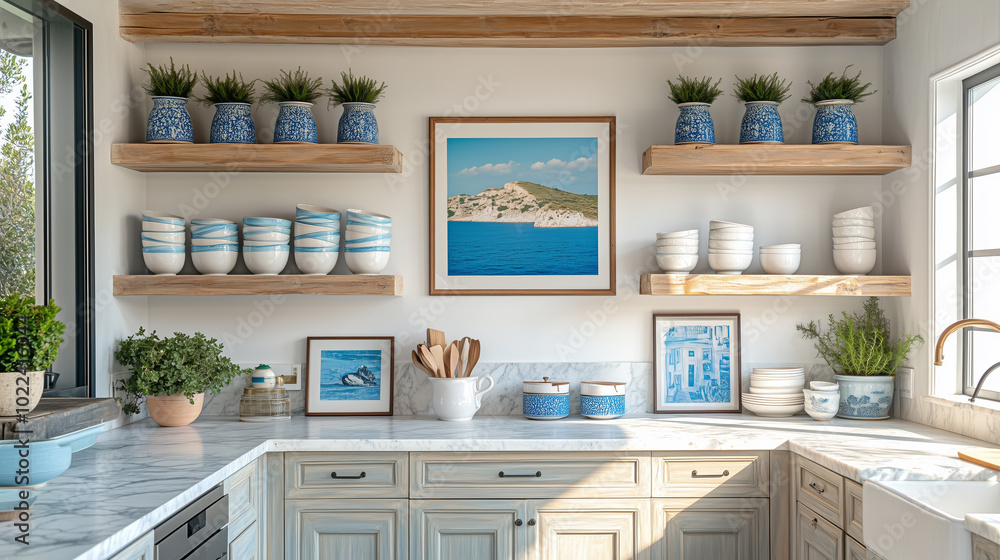 Coastal kitchen decor with blue accents and natural elements Coastal kitchen decor with blue accents and natural elements