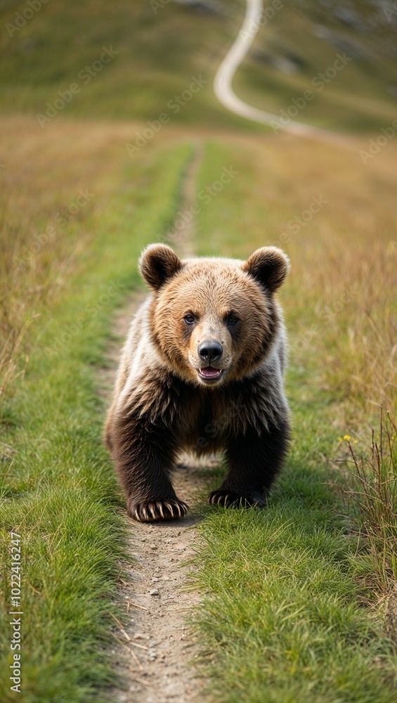 Fototapeta premium Baby bear rolling down a grassy hill background for invitation or card screensaver