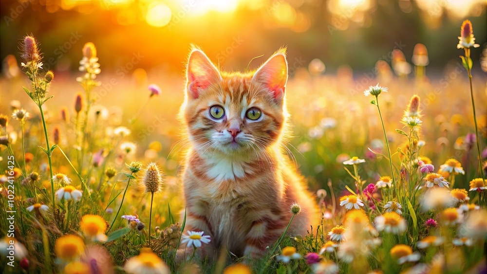 A Young Kitten Bathed in Golden Sunlight Amidst a Field of Wildflowers, Its Eyes Glowing with Curiosity A Young Kitten Bathed in Golden Sunlight Amidst a Field of Wildflowers, Its Eyes Glowing with Curiosity