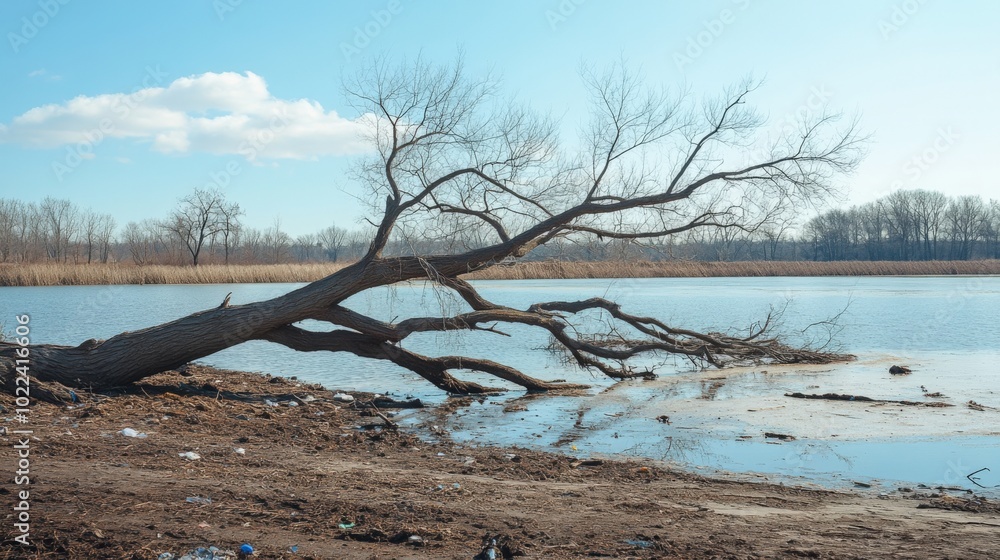 A barren landscape with a fallen tree by the water's edge, embodying nature's resilience and the impact of environmental change. A barren landscape with a fallen tree by the water's edge, embodying nature's resilience and the impact of environmental change.