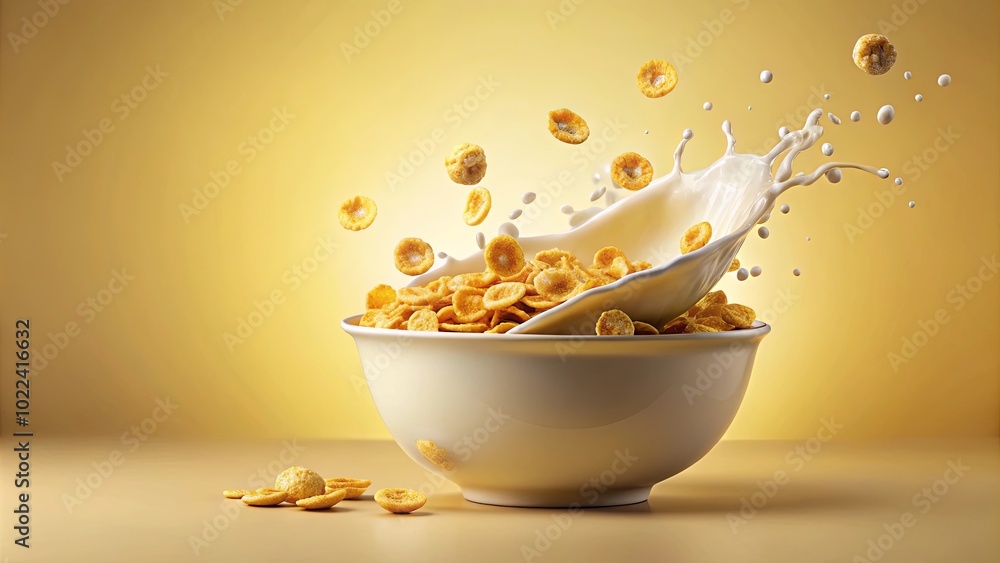 A bowl of cereal with milk splashing and flying cereal pieces against a golden background