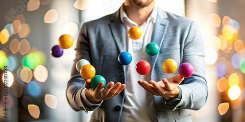 Abstract image of a person juggling bokeh balls representing work-life balance; artistic depiction of harmony and happiness in remote work. photo