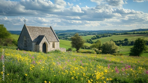 A little-known historical chapel in the English countryside, surrounded by rolling hills and wildflowers,