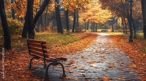 Autumnal Park Pathway with a Bench