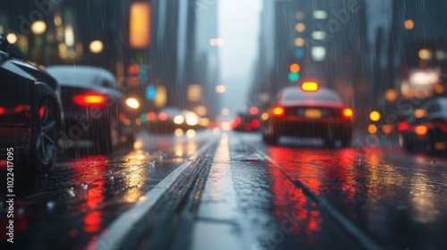 Rain-soaked city street with blurred car lights and reflections