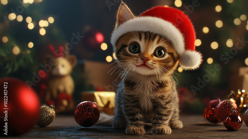 A cute, festive kitten wearing a Santa hat surrounded by holiday decorations and Christmas ornaments, creating a joyful and warm atmosphere for the festive season. photo