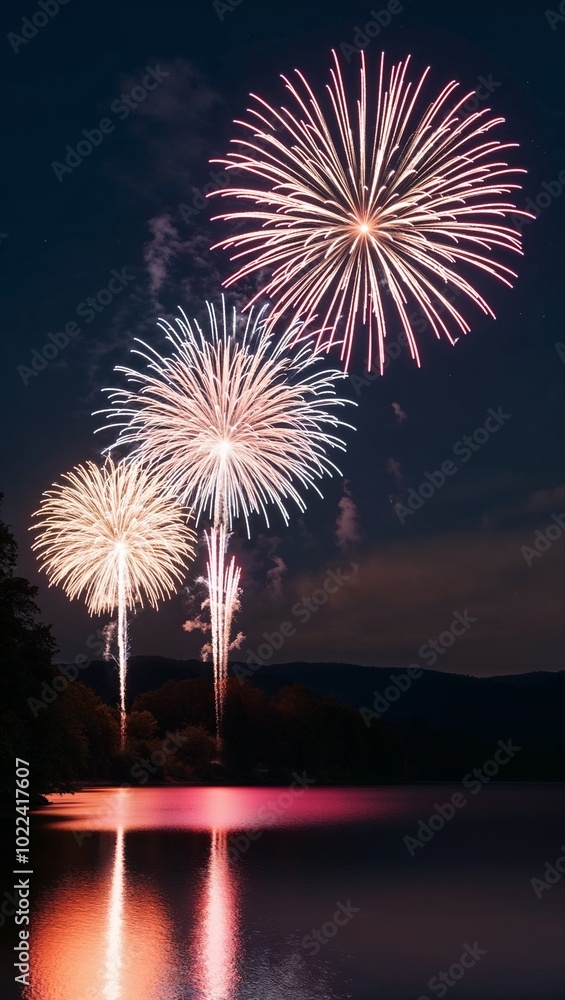 Glowing fireworks over a lake at night background for invitation or card screensaver Glowing fireworks over a lake at night background for invitation or card screensaver