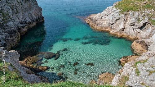 A picturesque, rarely visited English coastal cove, with crystal clear waters and rugged cliffs,