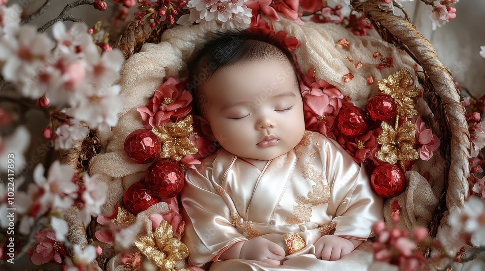 Adorable Baby in Soft Silk Outfit Nestled Among Flowers Adorable Baby in Soft Silk Outfit Nestled Among Flowers