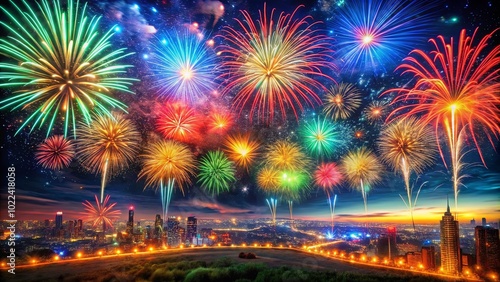 A symphony of vibrant fireworks paints the night sky above a bustling cityscape, illuminating the horizon with a dazzling spectacle of light and color.