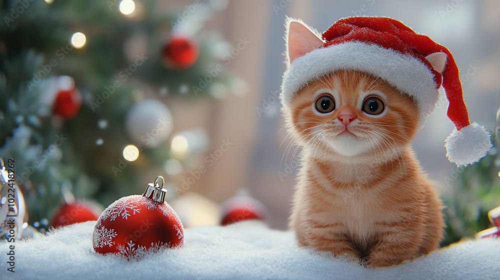A cute ginger kitten wearing a red Santa hat, surrounded by festive Christmas decorations, with a snowy backdrop and Christmas tree in the background. A cute ginger kitten wearing a red Santa hat, surrounded by festive Christmas decorations, with a snowy backdrop and Christmas tree in the background.