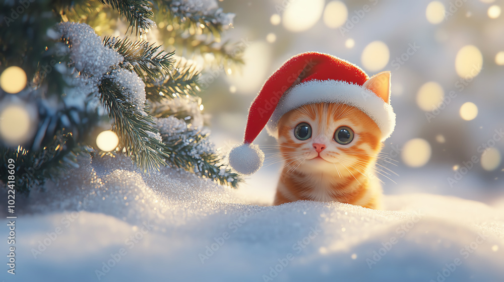 A cute ginger kitten wearing a Santa hat, sitting in the snow with a snowy tree in the background, creating a festive atmosphere. Perfect for holiday-themed designs. A cute ginger kitten wearing a Santa hat, sitting in the snow with a snowy tree in the background, creating a festive atmosphere. Perfect for holiday-themed designs.