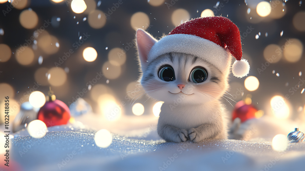 A cute kitten wearing a Christmas hat sits amidst snow, surrounded by festive decorations and sparkling lights, evoking a warm and joyful holiday spirit. A cute kitten wearing a Christmas hat sits amidst snow, surrounded by festive decorations and sparkling lights, evoking a warm and joyful holiday spirit.