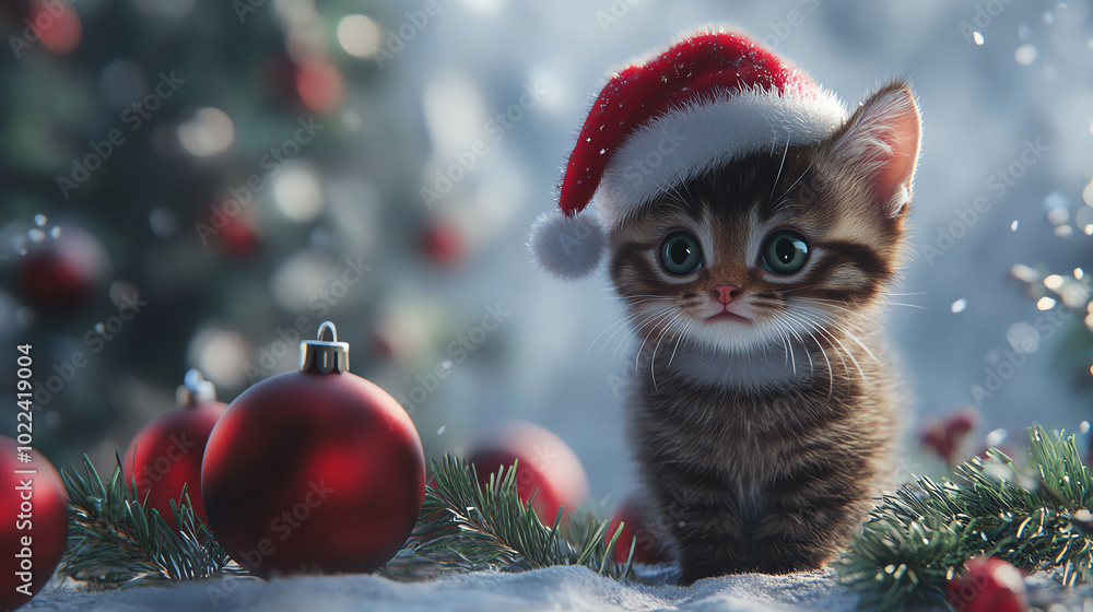 A cute kitten wearing a Christmas hat surrounded by festive ornaments and snow, creating a cheerful holiday atmosphere. Perfect for seasonal decorations or pet-related content. A cute kitten wearing a Christmas hat surrounded by festive ornaments and snow, creating a cheerful holiday atmosphere. Perfect for seasonal decorations or pet-related content.
