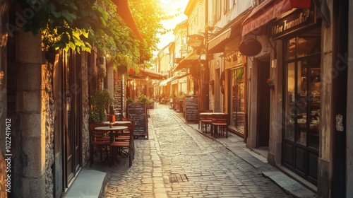 Sunlit cobblestone street in a European city with cafes and shops