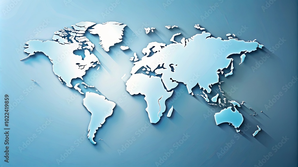A minimalist world map with a light blue gradient and subtle shadow effects. The design emphasizes the continents and their shapes, offering a simple yet impactful representation of global geography. A minimalist world map with a light blue gradient and subtle shadow effects. The design emphasizes the continents and their shapes, offering a simple yet impactful representation of global geography.