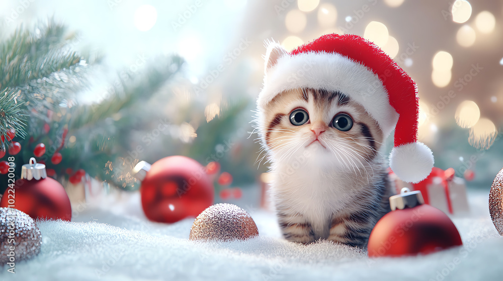A cute kitten wearing a Santa hat, surrounded by Christmas ornaments and snow, creating a festive atmosphere. A cute kitten wearing a Santa hat, surrounded by Christmas ornaments and snow, creating a festive atmosphere.