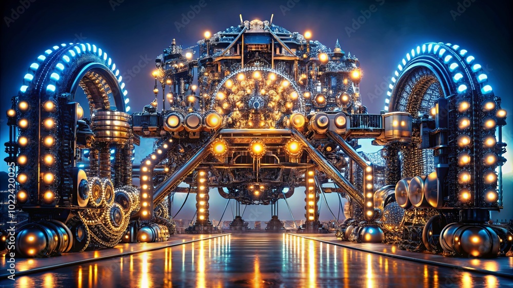Obraz premium A Futuristic Machine Illuminated by Countless Glowing Lights, Standing on a Reflective Surface, Presenting an Intriguing Vision of Technological Advancement