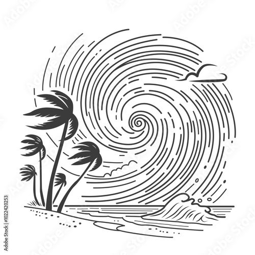 Hurricane Milton in Florida on the ocean shore and palm trees. Spiral tornado with waves. Flat vector illustration in linear style on white background
