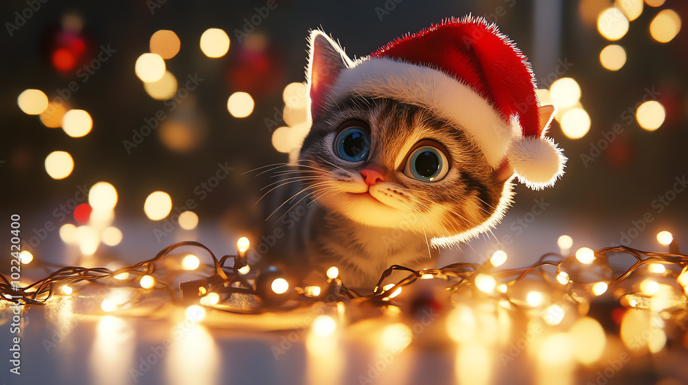 A cute kitten wearing a Santa hat, surrounded by sparkling Christmas lights, capturing the festive spirit of the holidays. A cute kitten wearing a Santa hat, surrounded by sparkling Christmas lights, capturing the festive spirit of the holidays.