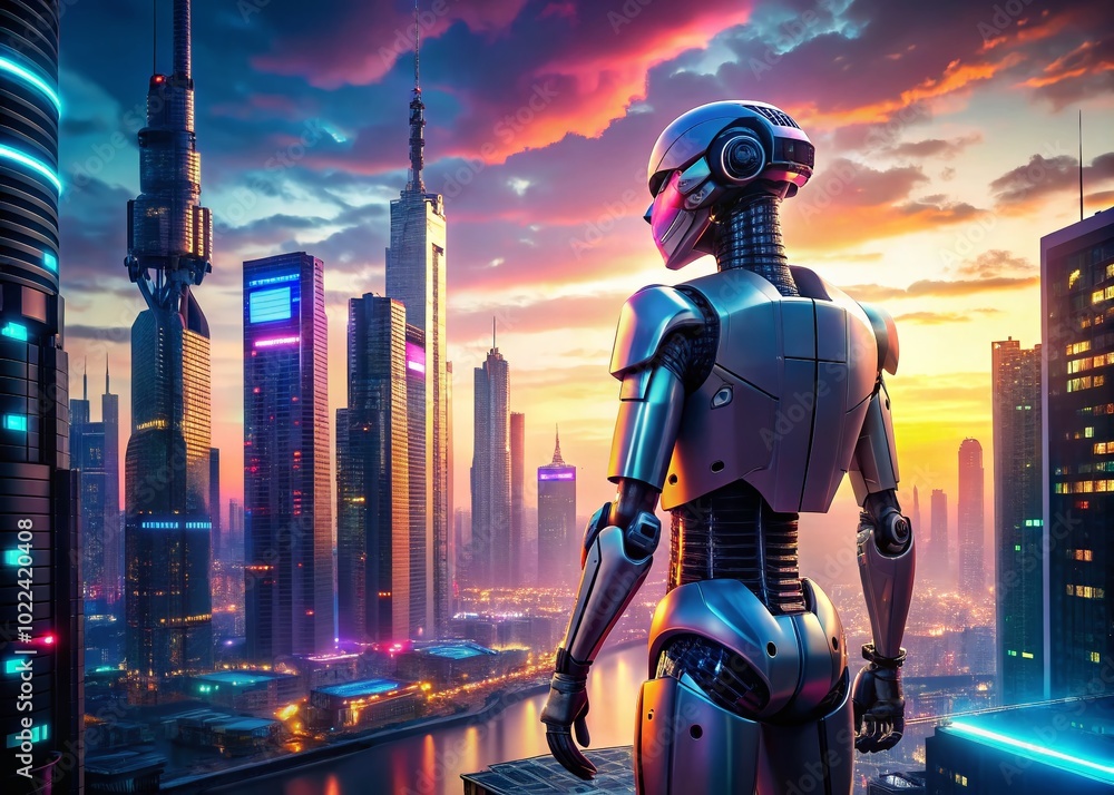 Futuristic Artificial Intelligence Robot in a Dynamic Cityscape with High Dynamic Range Effects Futuristic Artificial Intelligence Robot in a Dynamic Cityscape with High Dynamic Range Effects
