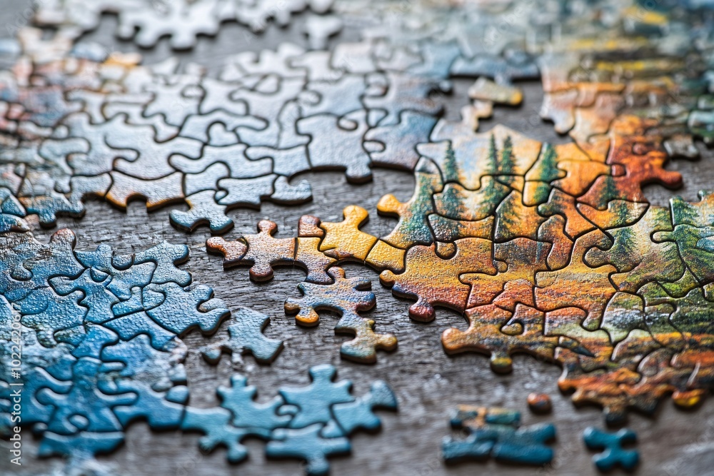 Colorful Puzzle Pieces on Wooden Table Surface Colorful Puzzle Pieces on Wooden Table Surface