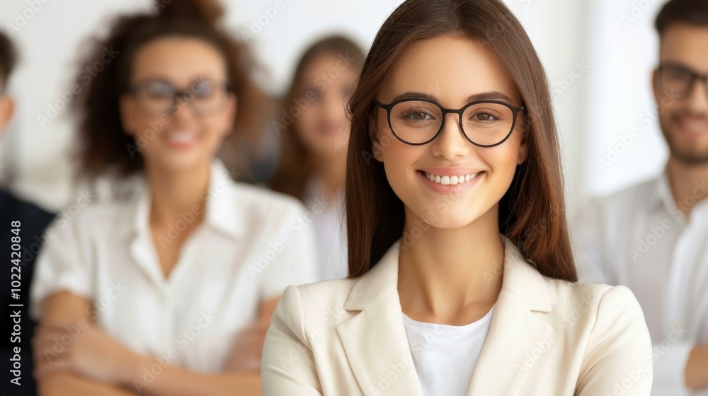 Confident business leader smiling in front of the team, showcasing leadership and teamwork in a modern office environment. Confident business leader smiling in front of the team, showcasing leadership and teamwork in a modern office environment.