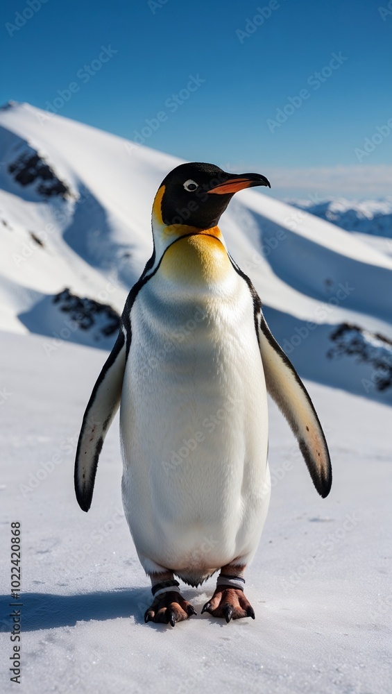 Fototapeta premium Penguin waddling on a snowy hilltop background for invitation or card screensaver