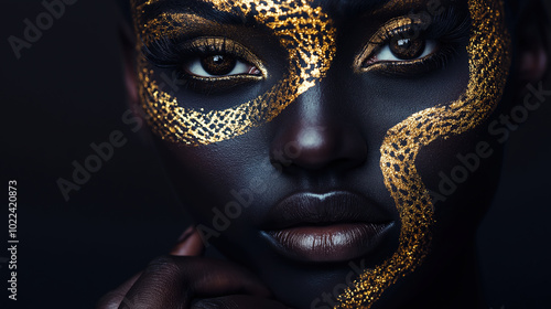 Artistic portrait of a model with gold metallic face paint on a dark background