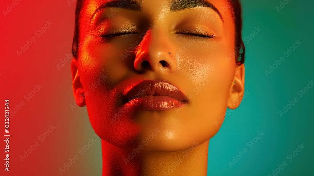 A stunning image of a woman with closed eyes, showcasing her beauty against a vibrant black backdrop. A stunning image of a woman with closed eyes, showcasing her beauty against a vibrant black backdrop.