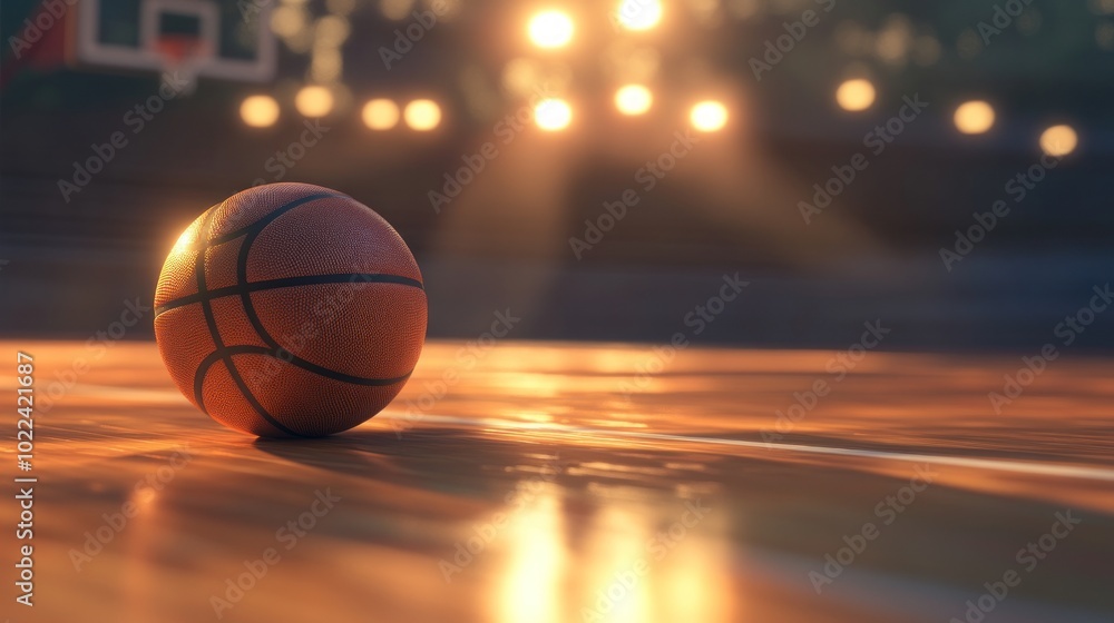 A basketball sits on a court with bright lights in the background.