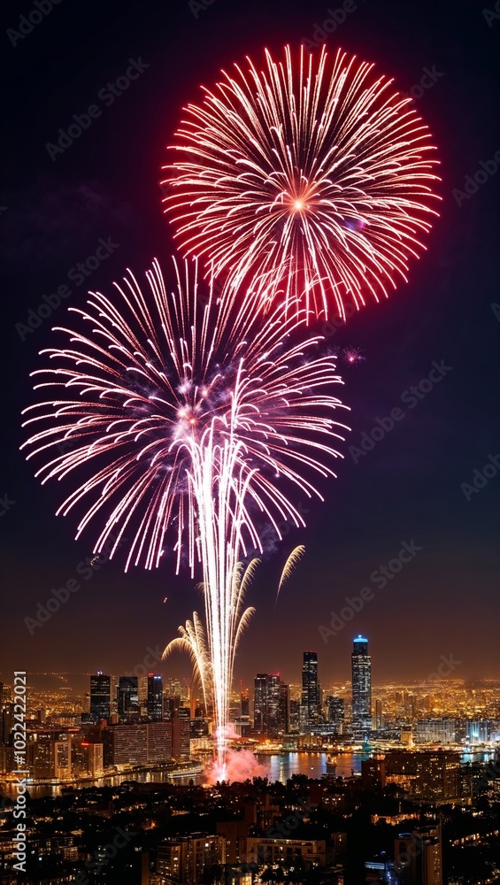 Sparkling fireworks over a cityscape at night background for invitation or card screensaver Sparkling fireworks over a cityscape at night background for invitation or card screensaver