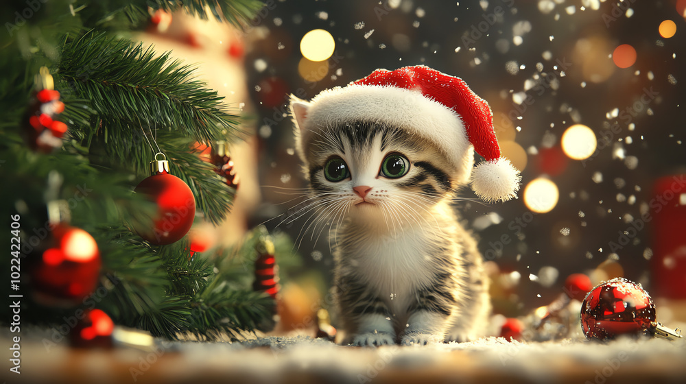 A cute kitten wearing a Santa hat sits thoughtfully by a decorated Christmas tree, surrounded by snowflakes and festive ornaments, embodying the spirit of the holiday season. A cute kitten wearing a Santa hat sits thoughtfully by a decorated Christmas tree, surrounded by snowflakes and festive ornaments, embodying the spirit of the holiday season.