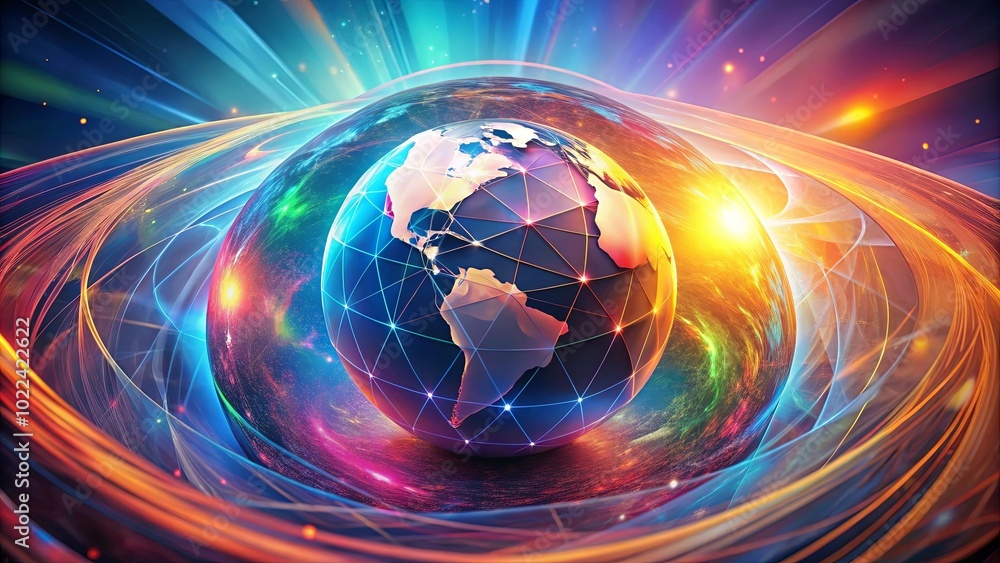 Obraz premium A glowing orb, encompassed by an ethereal aurora, representing interconnectedness and the flow of data across the globe.