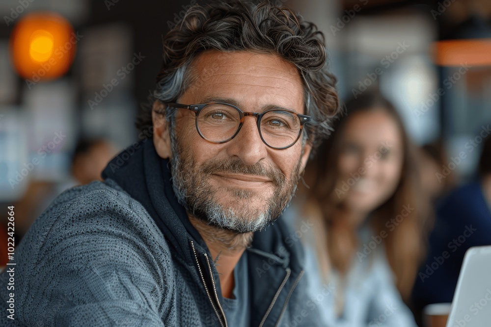Smiling businessman with glasses at a meeting working on project with female colleague in office Smiling businessman with glasses at a meeting working on project with female colleague in office